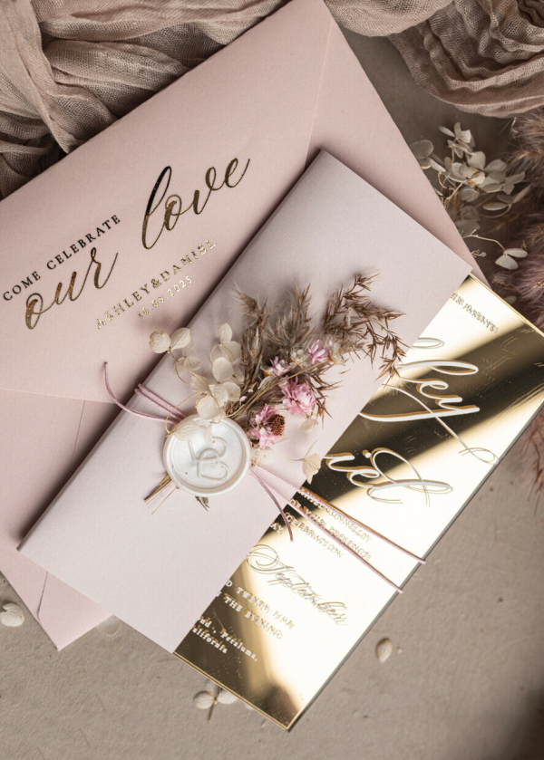 Mirror gold Wedding Invitations, Elegant Blush Pink Wedding Cards, Glamour Acrylic Wedding Invites, Clear Plexi Wedding Invitation Suite - Image 2