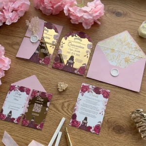 Quinceañera Invitation Set: Blush Pink Floral Gold Acrylic Arch Invite with RSVP & Details Card – Invites Forever