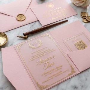 Gold Glitter Acrylic Wedding Invitation Suite, Sage Green Envelope, RSVP Cards with Premium Invitation Set