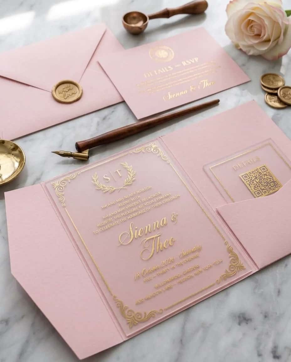 Gold Glitter Acrylic Wedding Invitation Suite, Sage Green Envelope, RSVP Cards with Premium Invitation Set